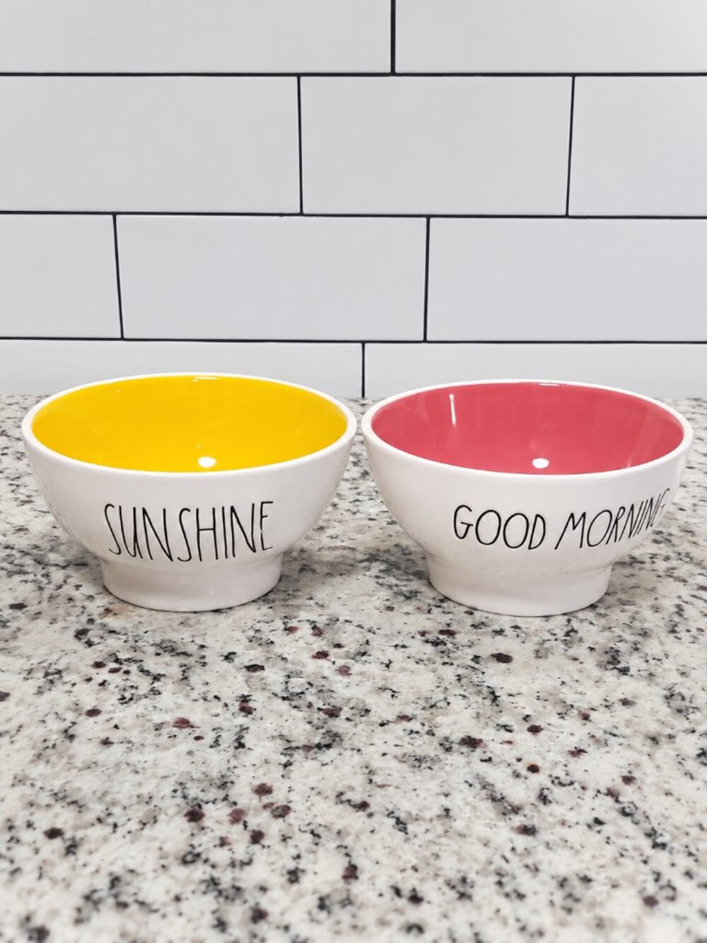 Rae Dunn Yellow and Pink Interior Ceramic Bowls Set of 2 Sunshine Good Morning